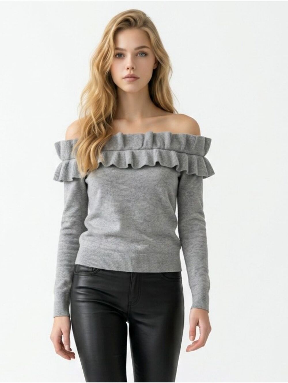 Club Monaco Off-Shoulder Ruffle Cashmere Sweater - Gray - Picture 5 of 9